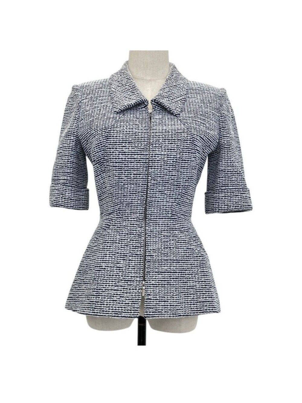Chanel Half Sleeve Tweed Zip Up Jacket Blue White Fall Winter 34